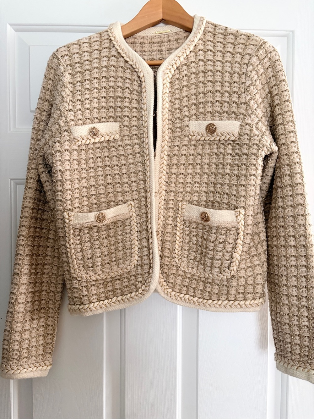 Elie Tahari Tweed Trim Sweater Jacket in Cream & Gold Size Small